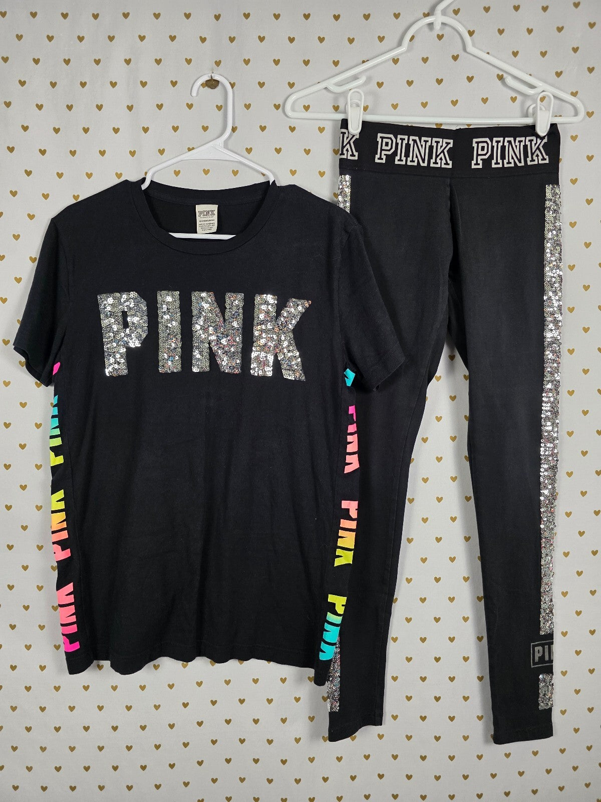 Victorias Secret PINK Rainbow BLING Set Yoga Pants Sequined HTF Tee Outfit XS