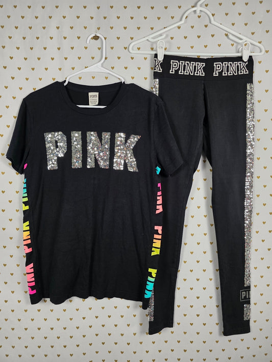 Victorias Secret PINK Rainbow BLING Set Yoga Pants Sequined HTF Tee Outfit XS