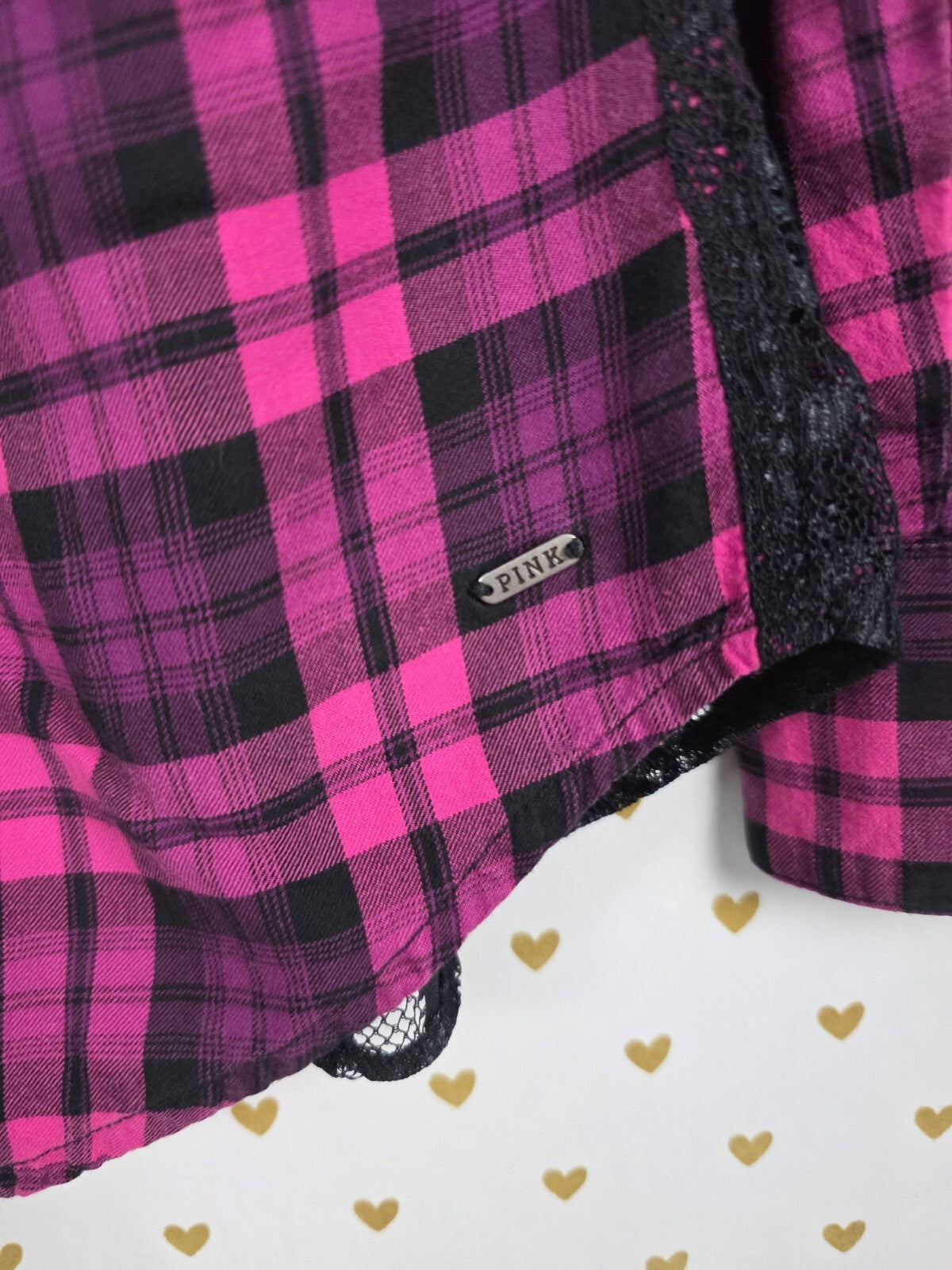Victoria's Secret PINK Plaid Lace Back Button Down Shirt M Pink Black