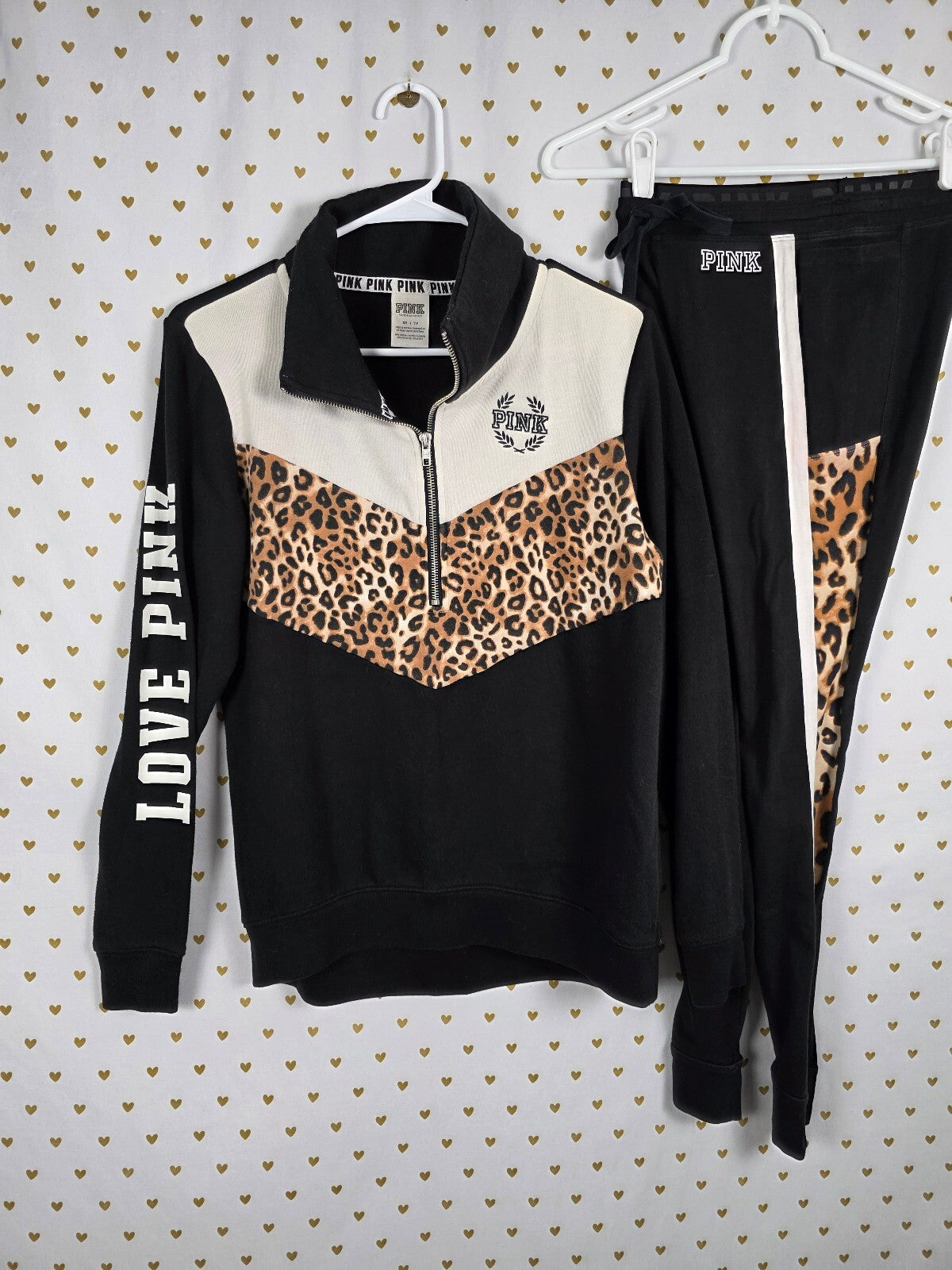 Victorias Secret Pink Cheetah Quarter Zip Sweater Yoga Pants SET XS 2pc