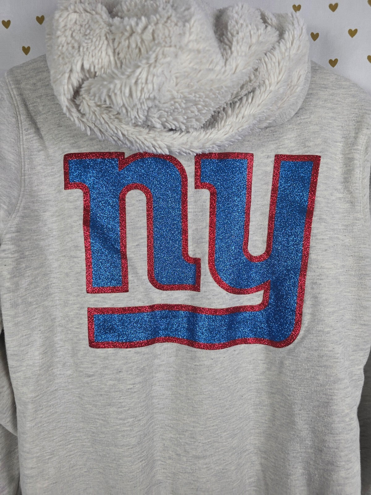 Victoria's Secret PINK NY Giants NFL BLING Faux Fur Lined Hoodie Small Glitter