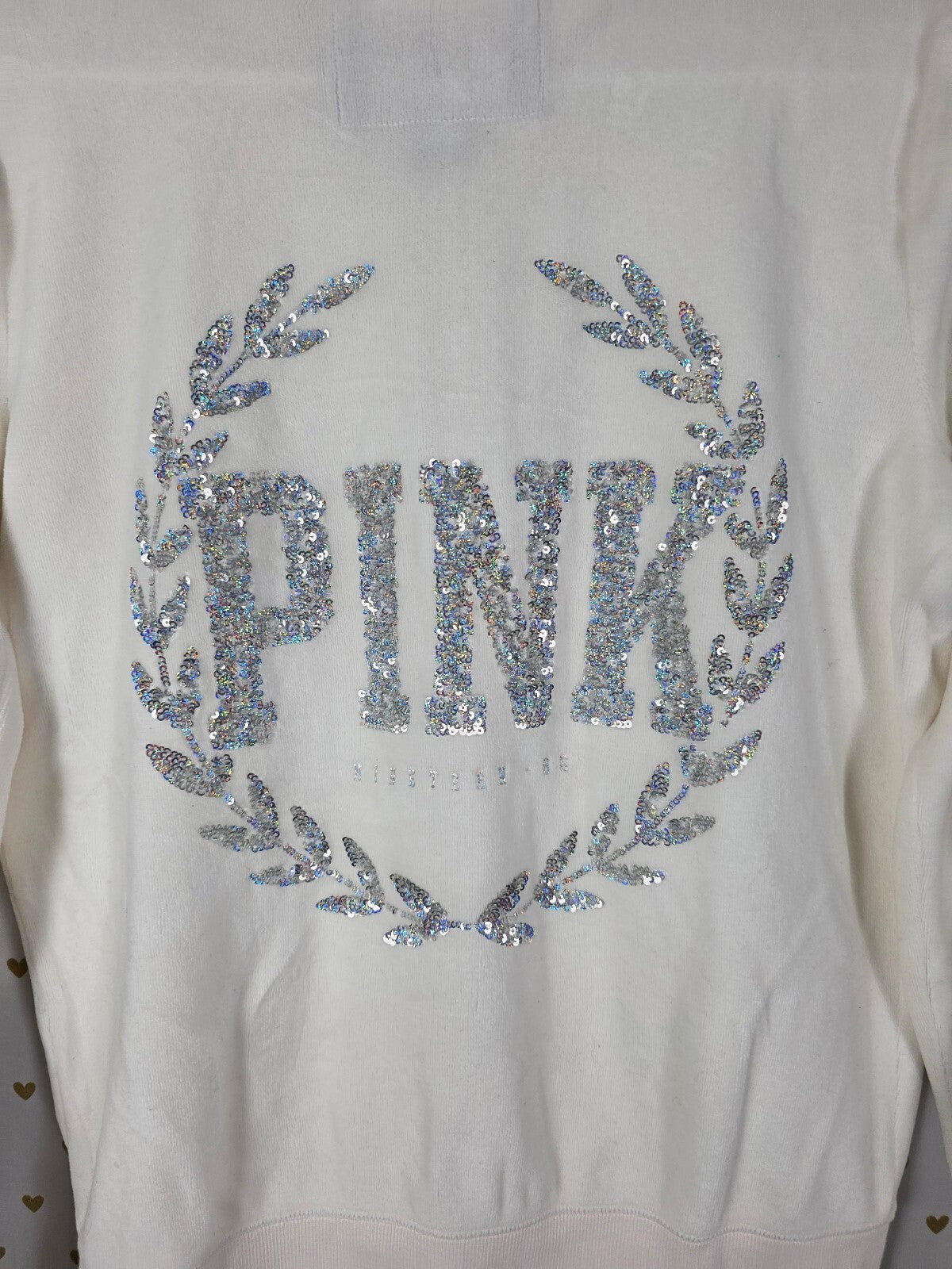 Victorias Secret Pink BLING white Velour Crest logo Full zip Hoodie Jacket SM