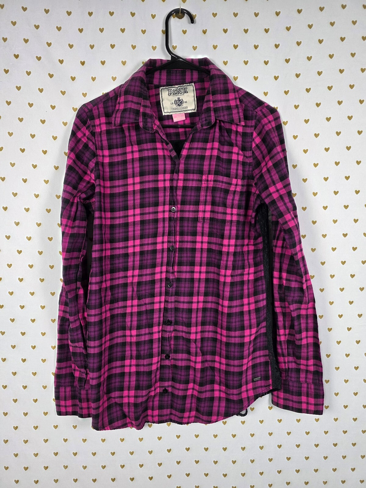 Victoria's Secret PINK Plaid Lace Back Button Down Shirt M Pink Black