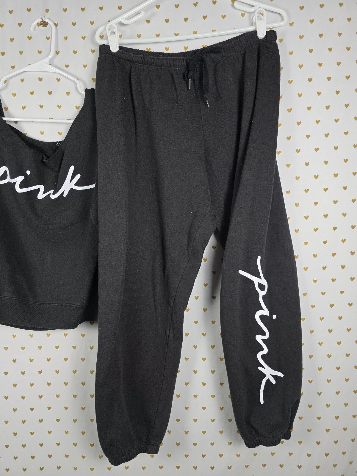 Victorias Secret PINK Slouchy Sweater Set Sweatpants Large Black Logo Sweats 2pc