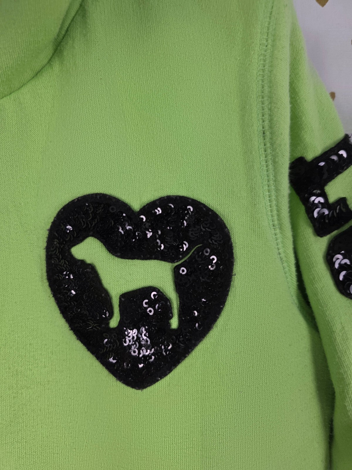 Victoria's Secret PINK Hoodie S Green Sequin LOVE PINK Faux Fur Full Zip BLING