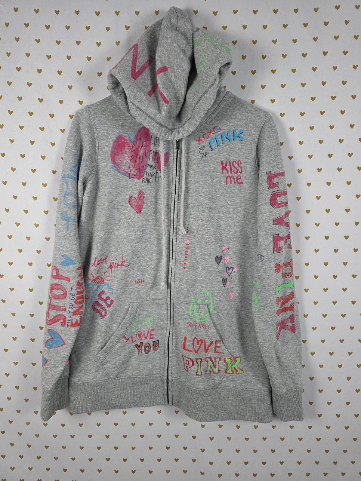 Vintage VS PINK Graffiti Doodle Full Zip Hoodie Gray Y2K Hearts Love M