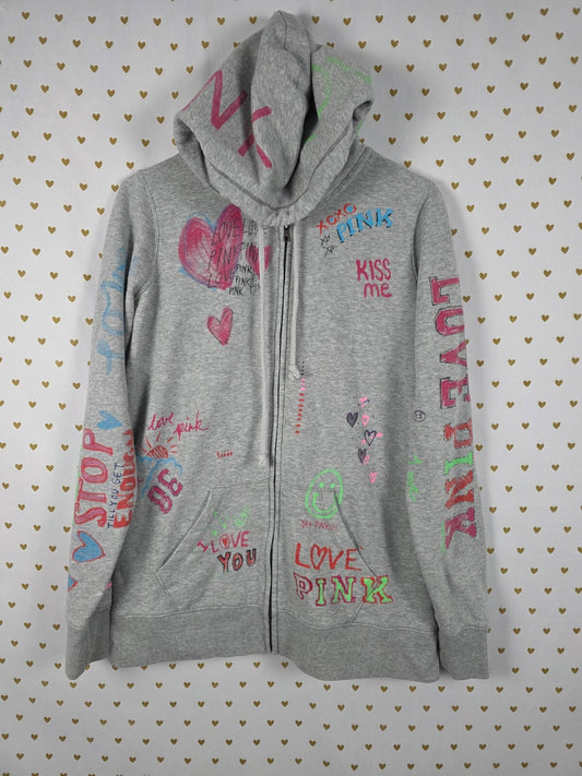 Vintage VS PINK Graffiti Doodle Full Zip Hoodie Gray Y2K Hearts Love M