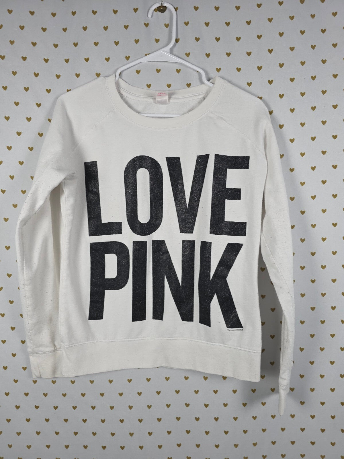 Victorias Secret Pink Glitter Bling Logo Sweater Shirt crew White Small