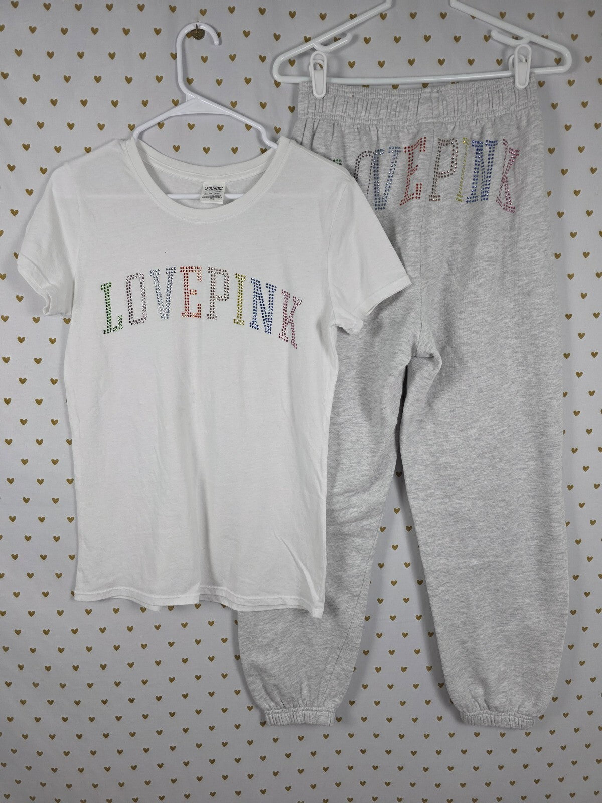 Victorias Secret PINK LOVE Rainbow Bling Studded Sweats Tee Shirt 2pc SET SMALL