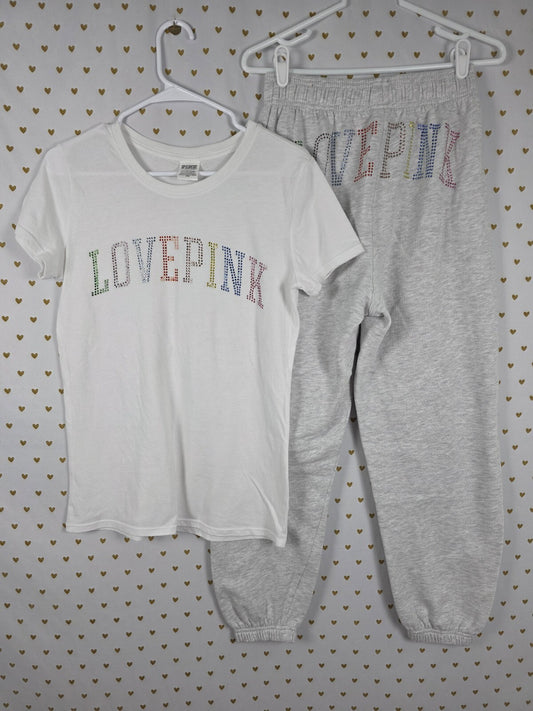 Victorias Secret PINK LOVE Rainbow Bling Studded Sweats Tee Shirt 2pc SET SMALL