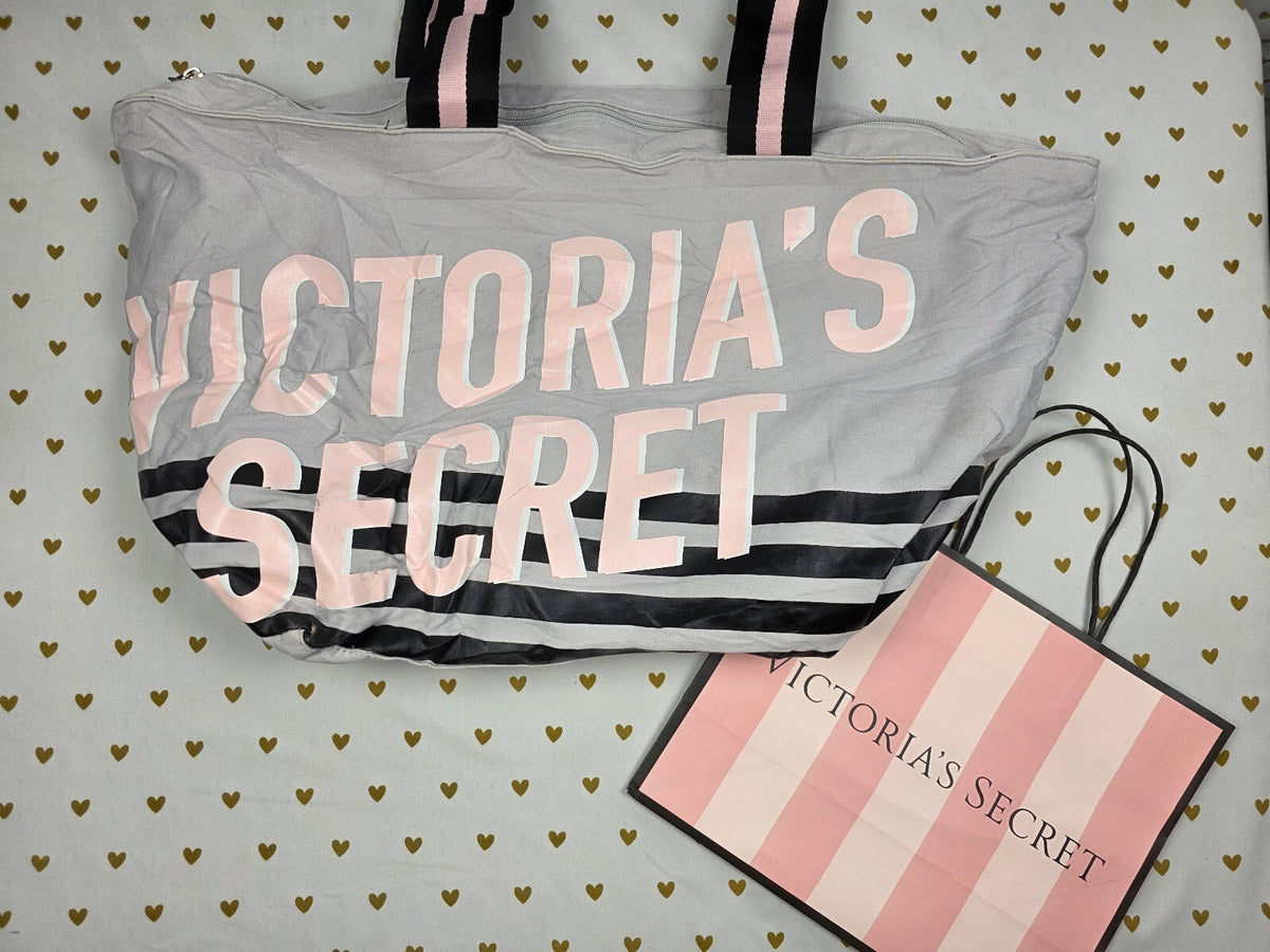 Victoria's Secret Weekender Tote Bag Overnight Travel Gray Pink Black