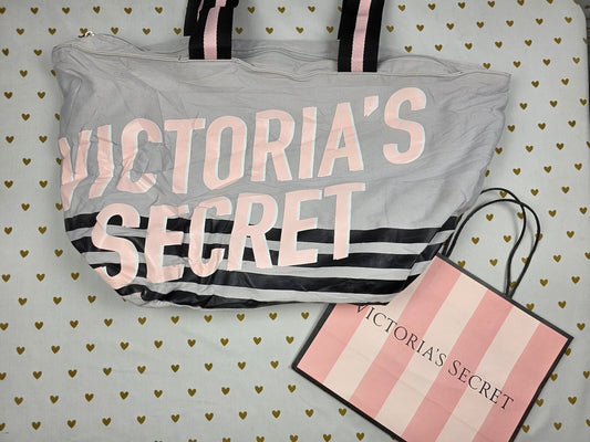 Victoria's Secret Weekender Tote Bag Overnight Travel Gray Pink Black