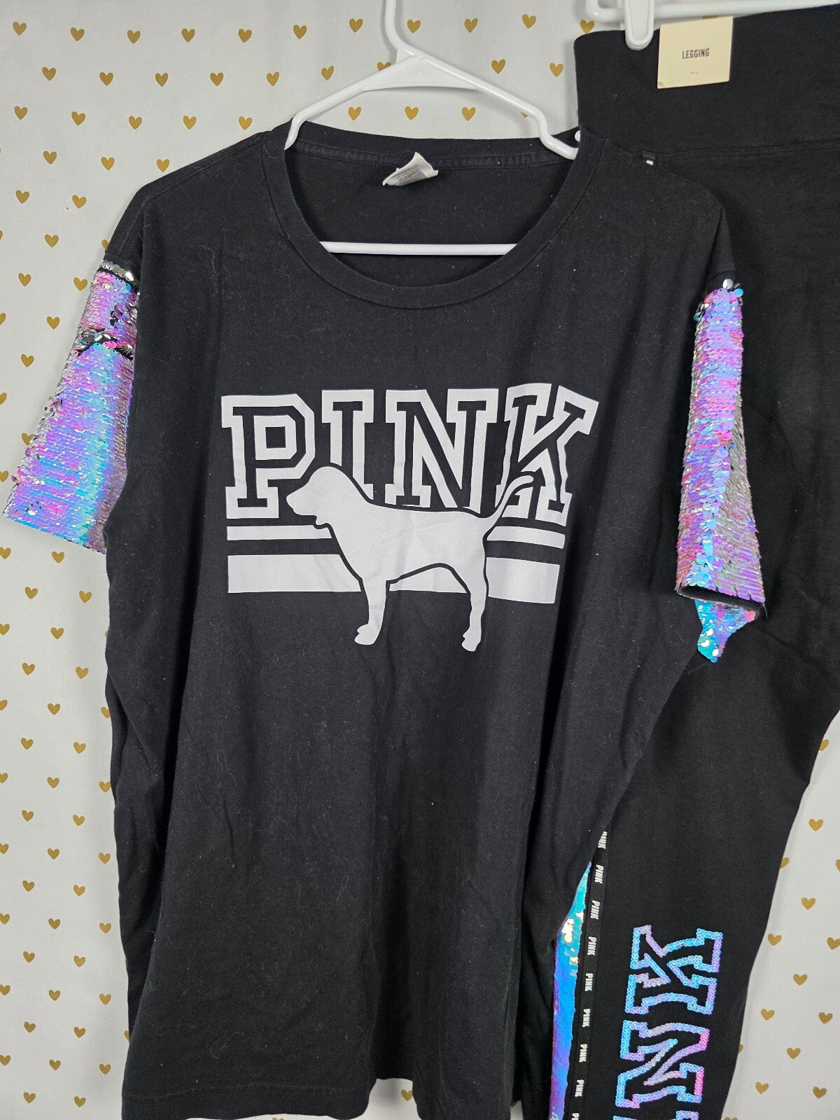 VS PINK Mermaid Bling Iridescent Flip Sequin Tee Leggings Set XL NEW HTF