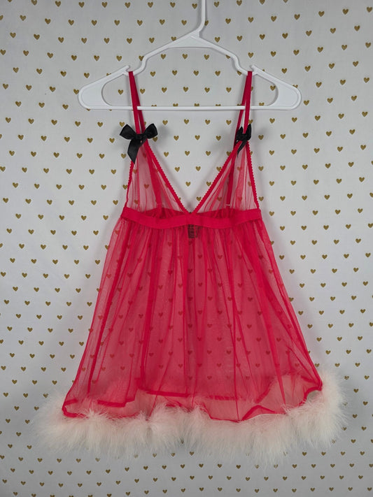 Victoria's Secret Red Heart Mesh Babydoll M Marabou Feather Trim Y2K SANTA XMAS