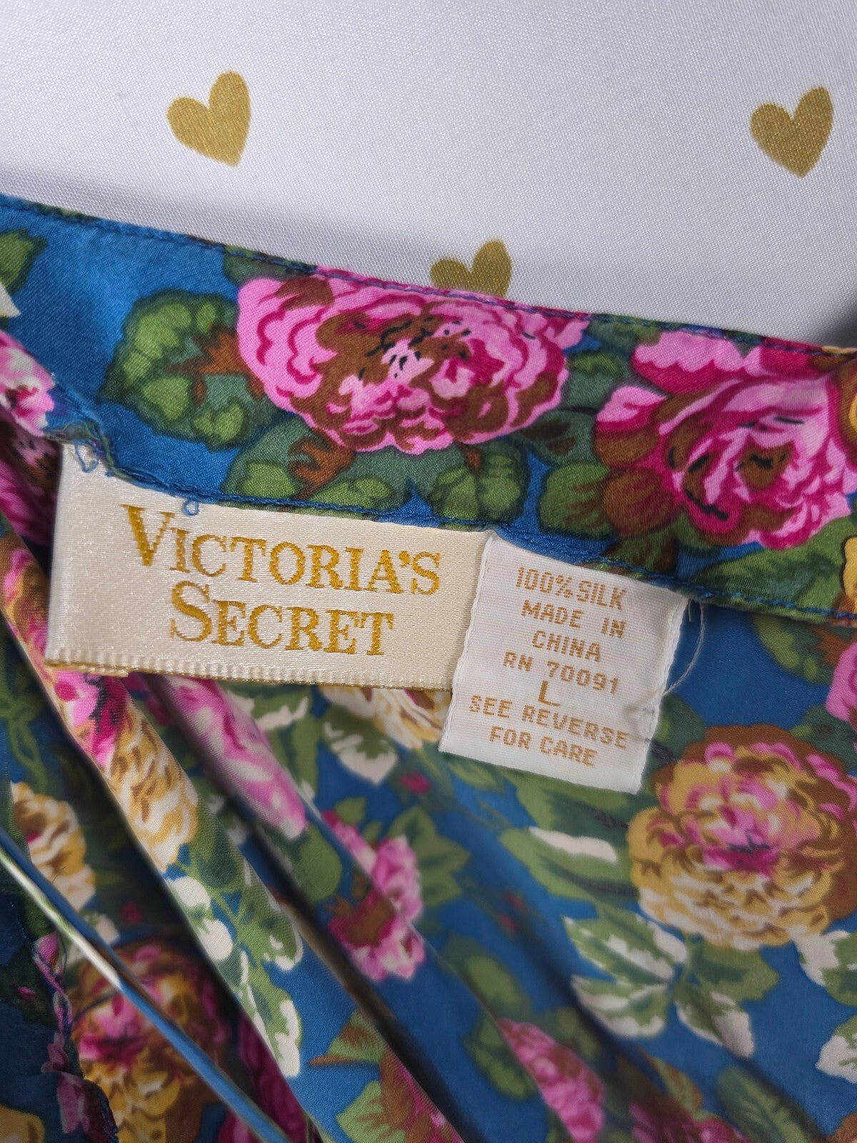 Vintage Victoria's Secret Gold Label 100% Silk Floral Slip Dress L Blue Pink
