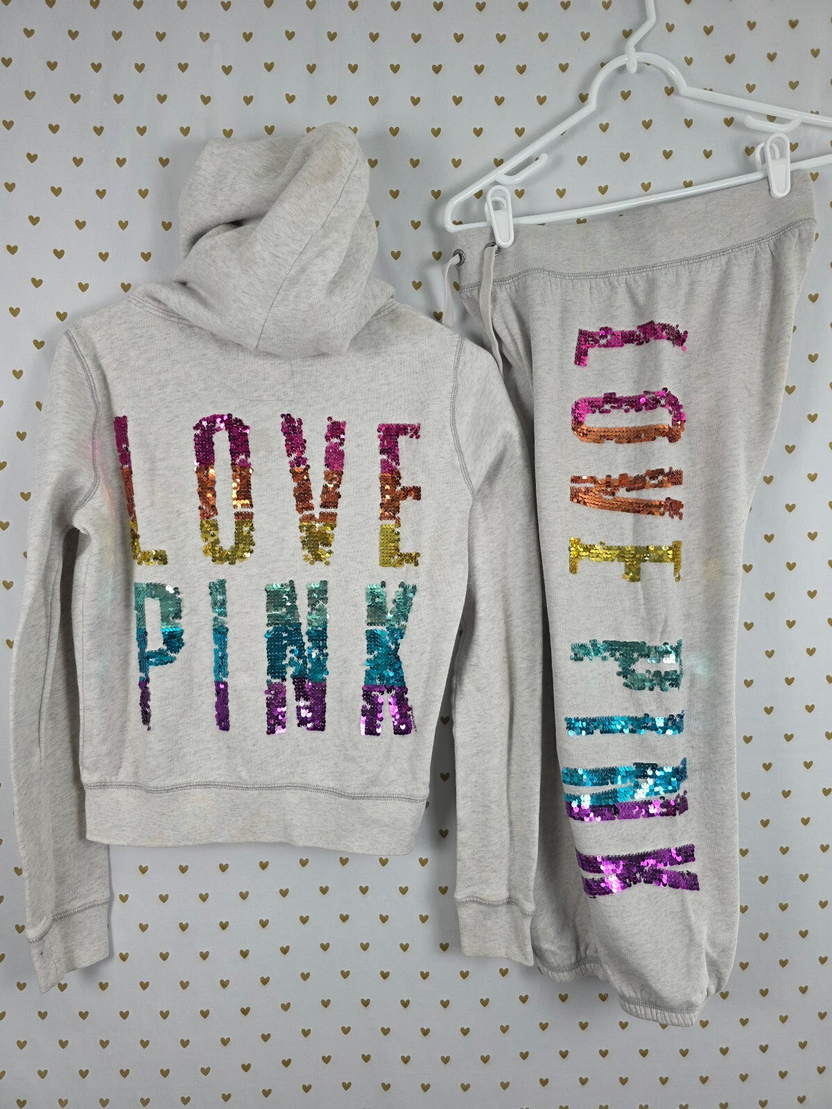 Victorias Secret Pink Rainbow BLING sweats Hoodie SET XS SMALL Jacket Vintage