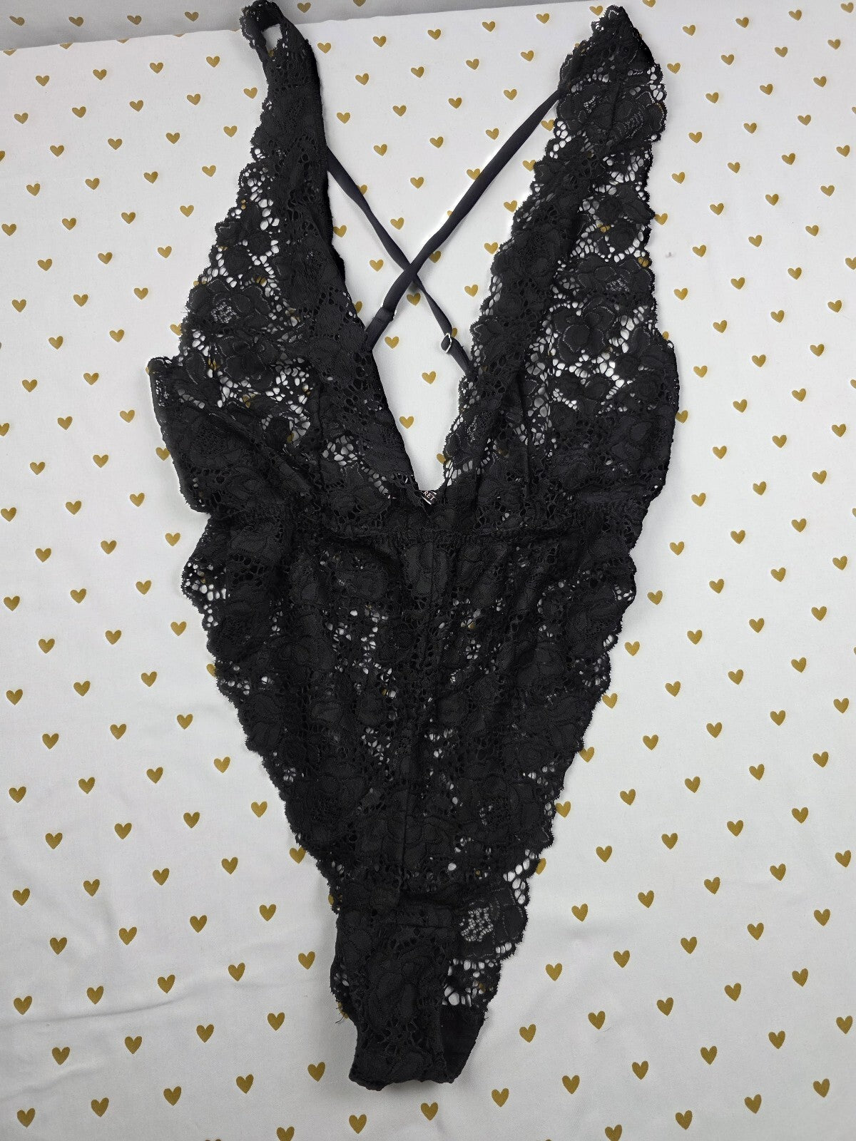 Victorias Secret Lace Sexy Strappy Teddy Bodysuit Lingerie Black LARGE