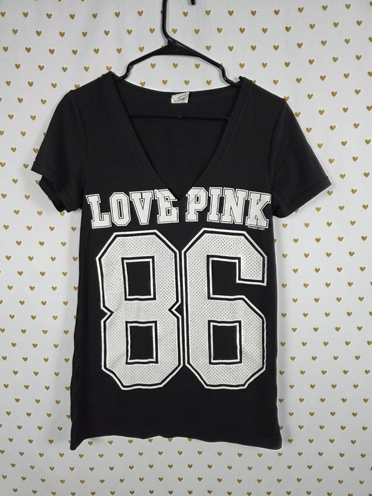 Victorias Secret PINK Vintage LOVE 86 V neck tee shirt black Large y2k