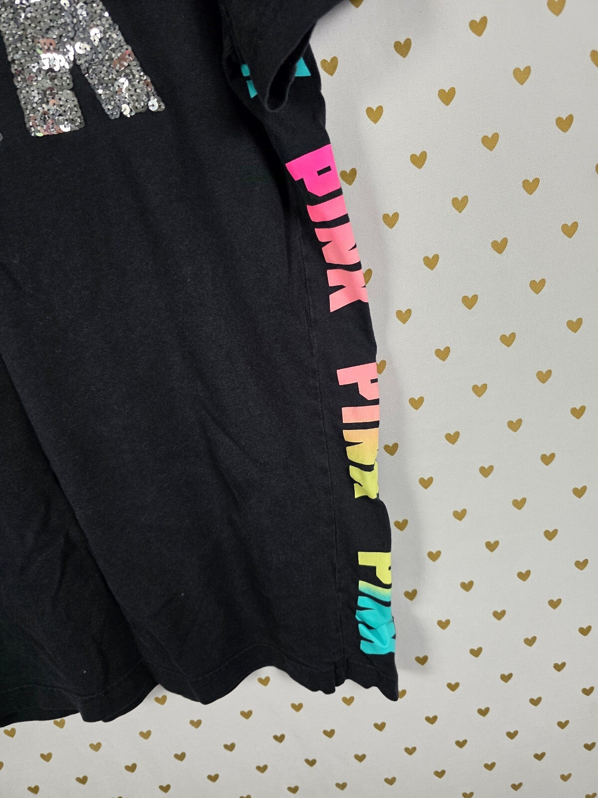 Victorias Secret PINK Rainbow Bling logo Black tee shirt Small