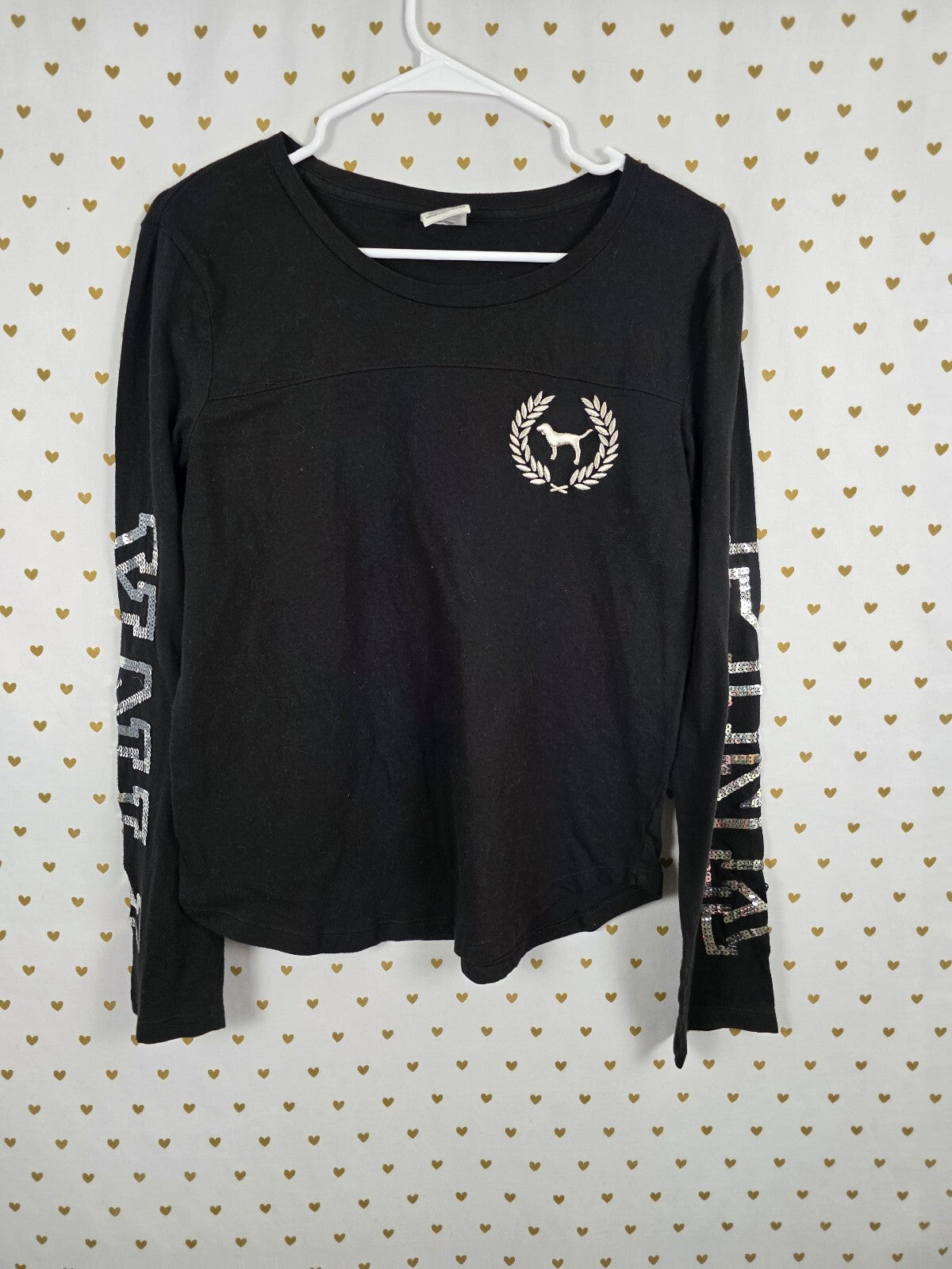 Victorias Secret PINK Long Sleeve Black Bling crest Sequined Tee shirt Medium