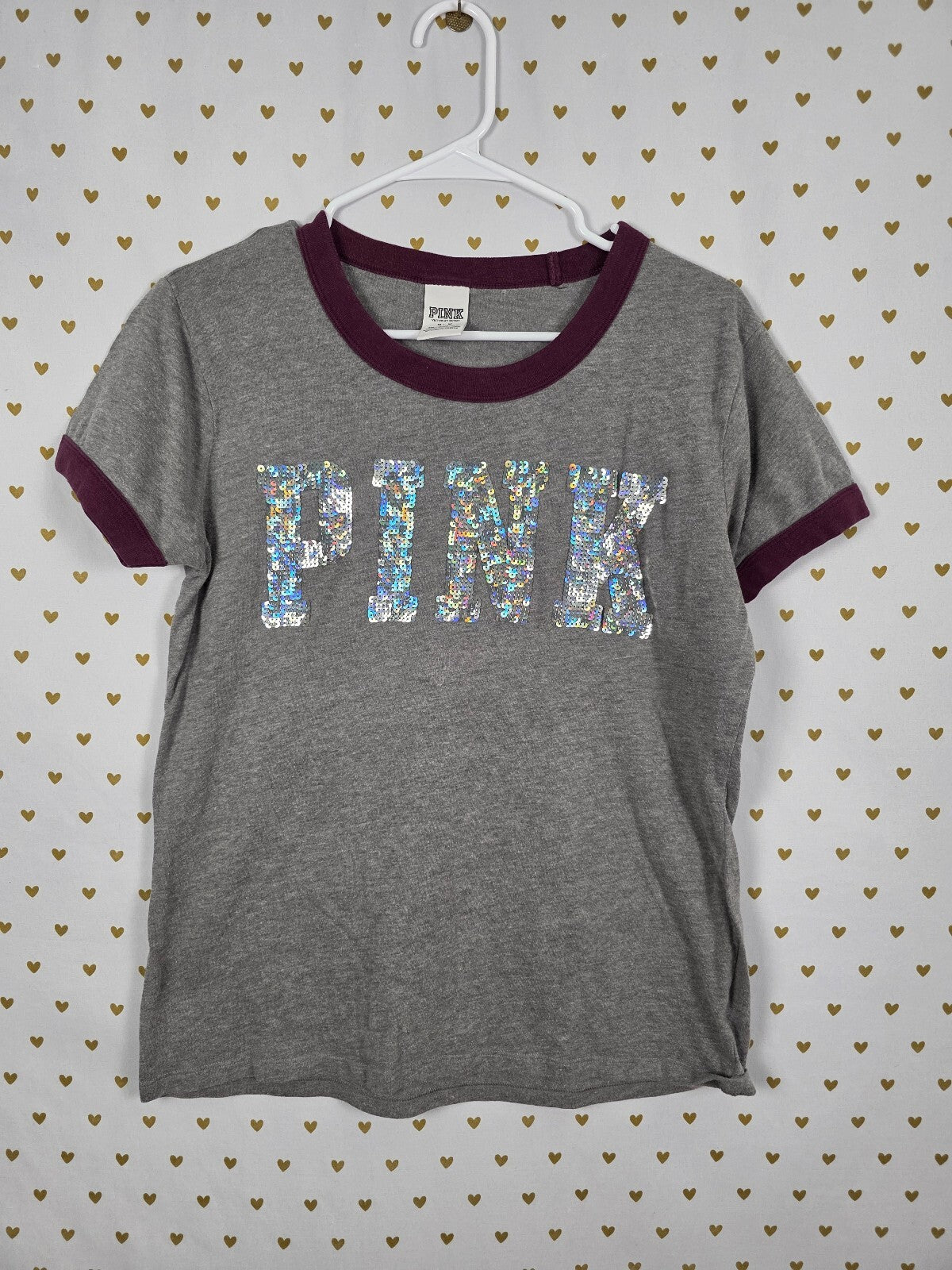 Victorias Secret PINK Ringer Bling Logo Tee shirt sequined Medium