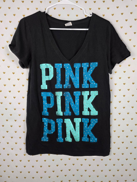 Victorias Secret PINK Vintage Bling Y2k Logo Black V neck tee shirt Large