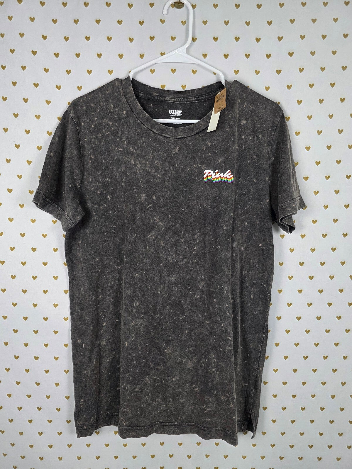 NWT Victoria's Secret PINK Rainbow Dog Graphic Mineral Wash Tee T-Shirt Gray S