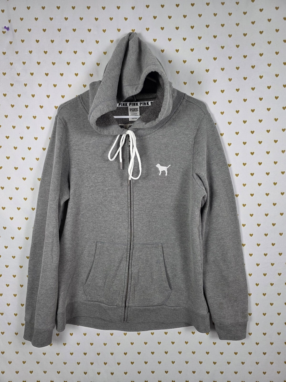 Victorias Secret Pink Raised Embroidered Logo Full zip hoodie jacket LARGE
