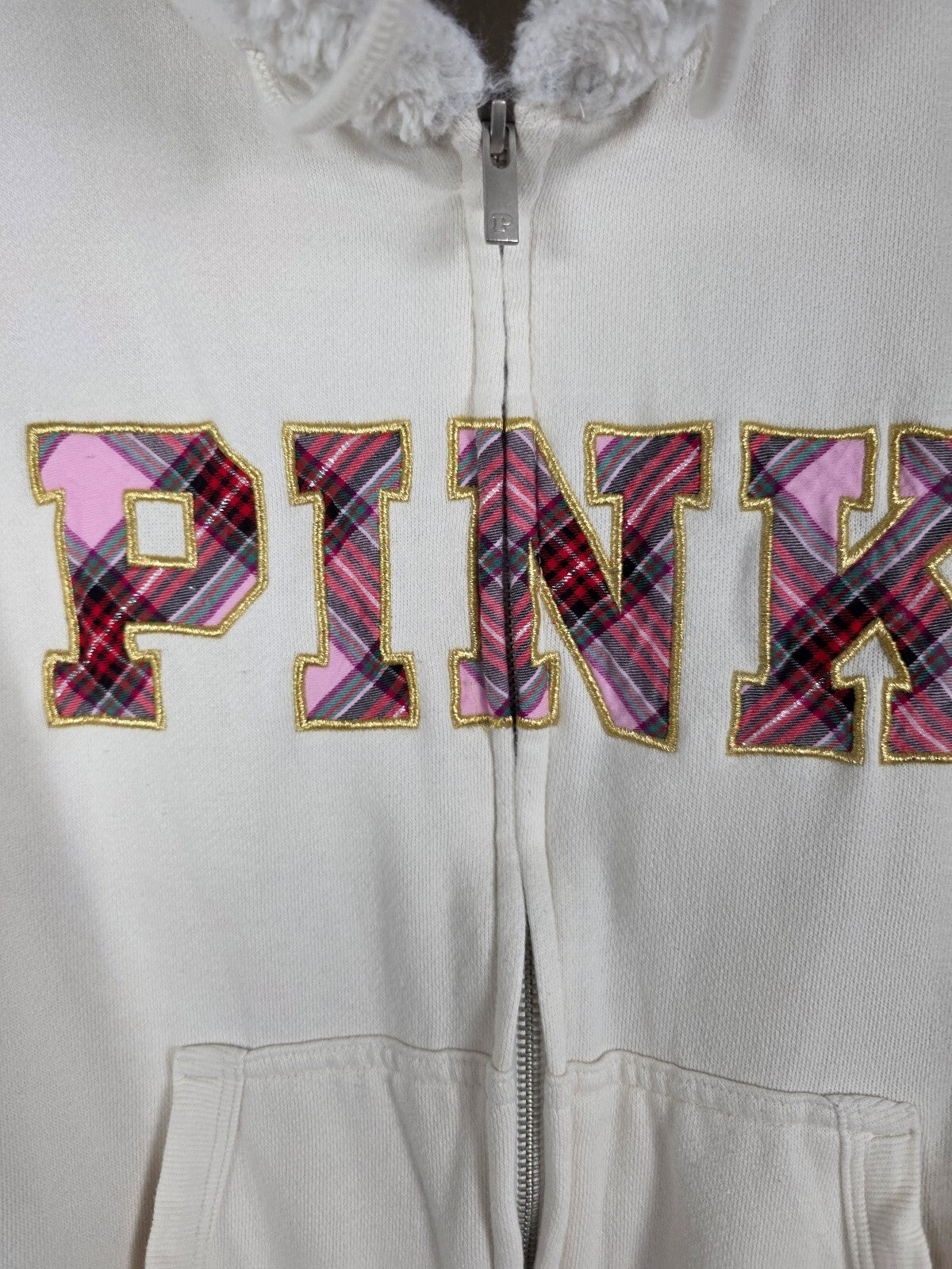 Victorias Secret Pink Fur Lined Hoodie Jacket Plaid Logo Full zip Sweater SMALL