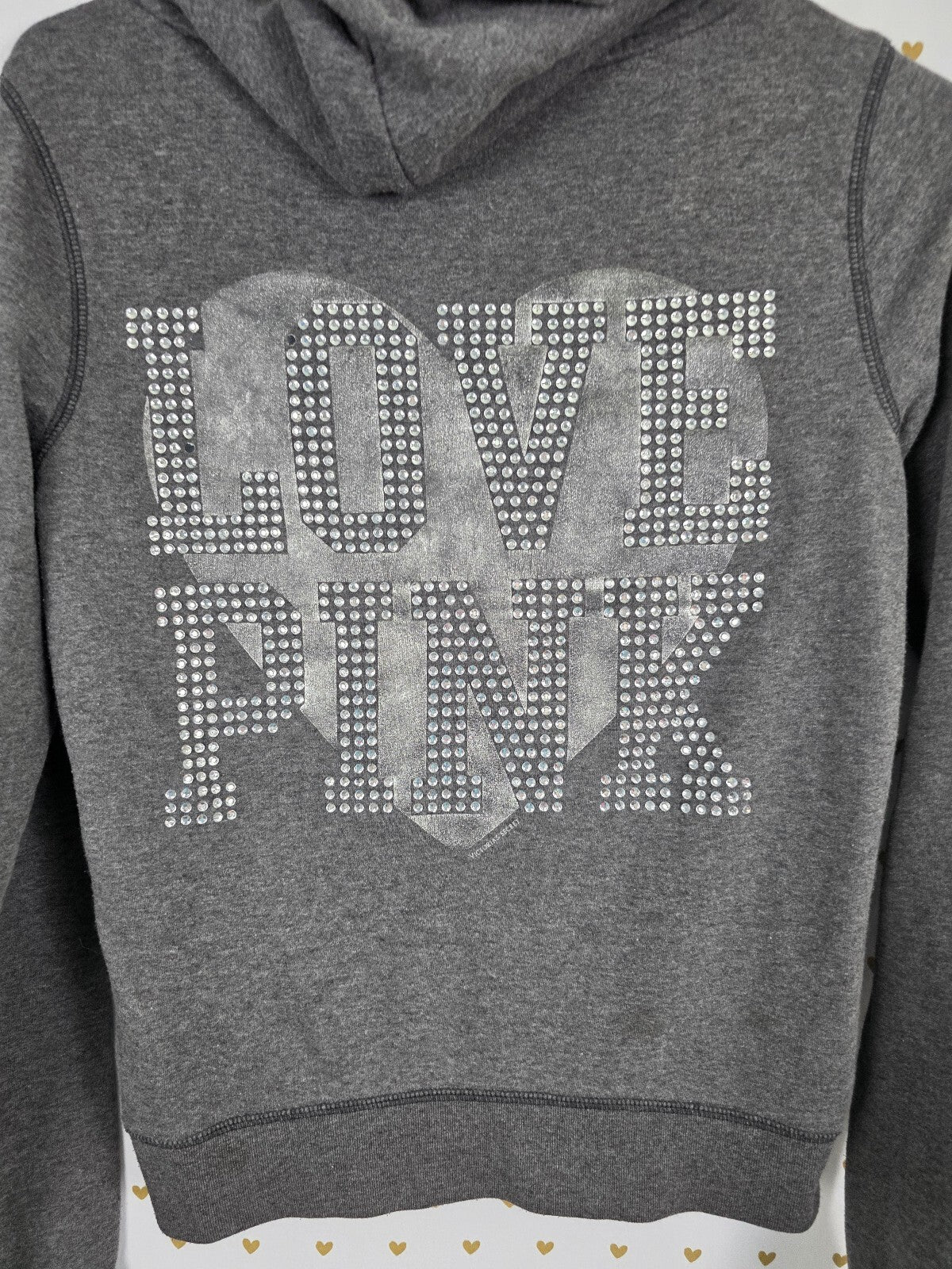 Victorias Secret Pink Vintage Grey Bling Y2k Studded Heart Jacket Hoodie Small