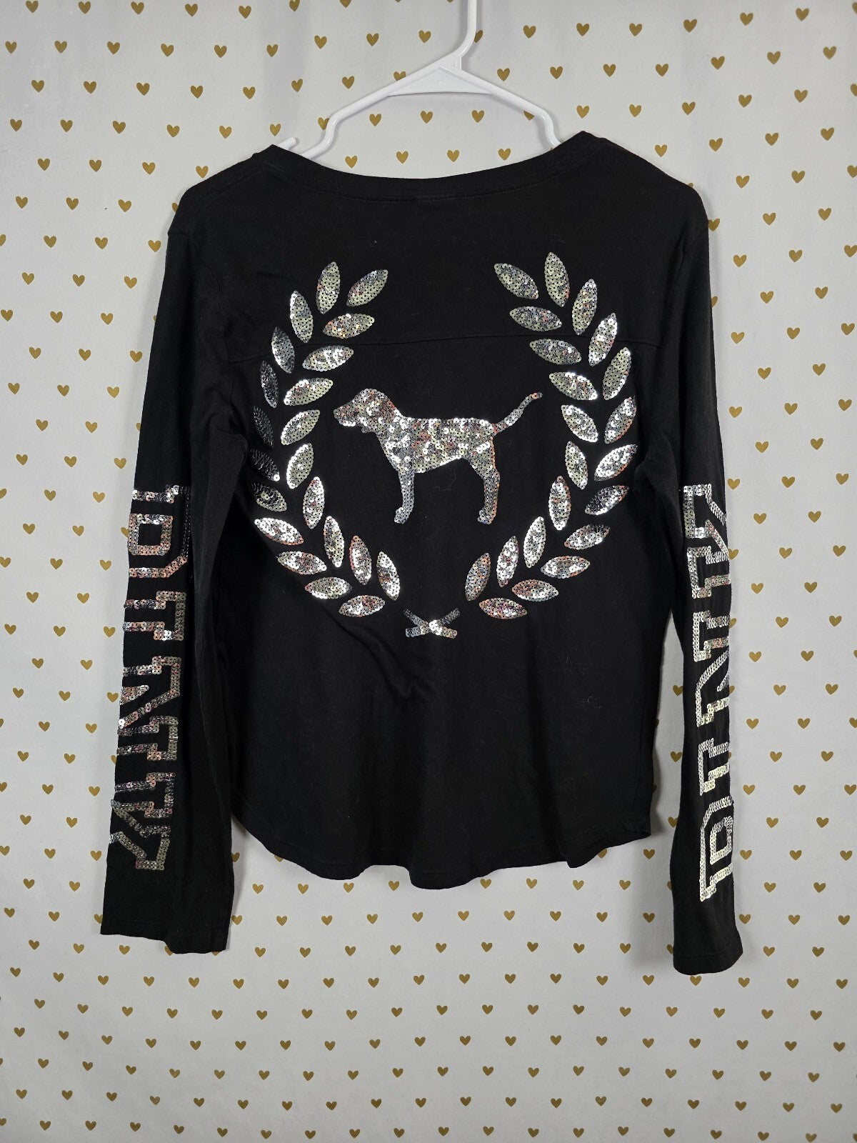 Victorias Secret PINK Long Sleeve Black Bling crest Sequined Tee shirt Medium
