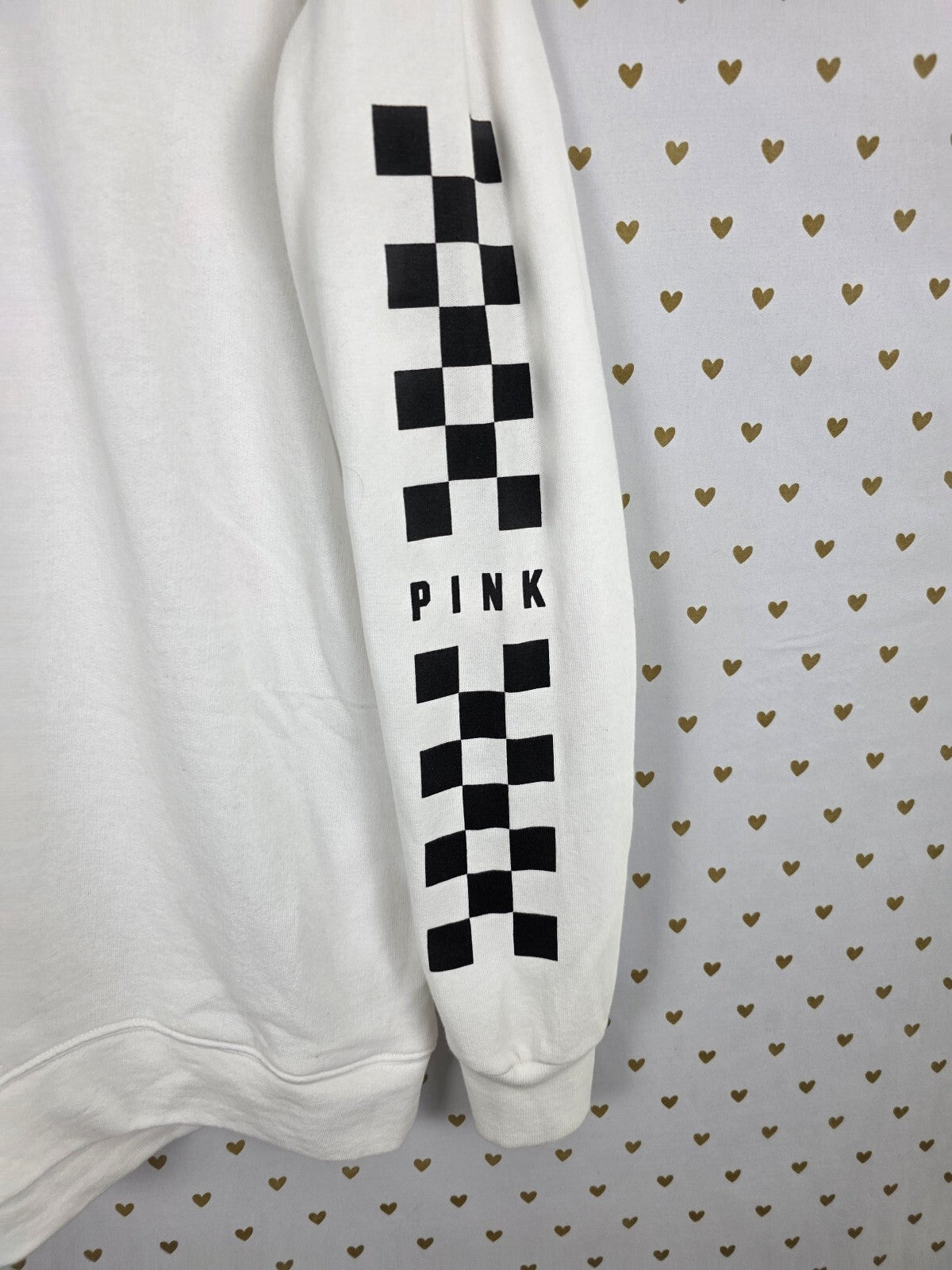 Victorias Secret Pink Checkered Campus Pullover Hoodie White Large