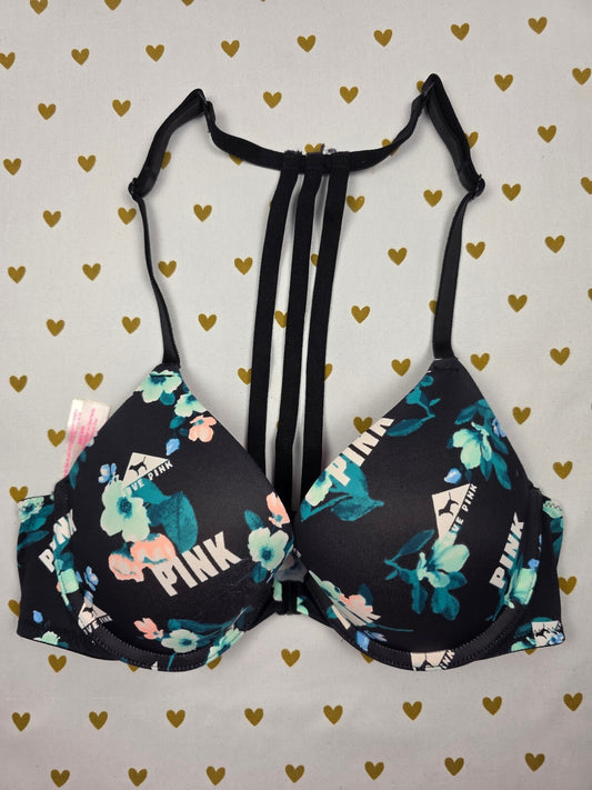 Victorias Secret Pink floral Front Close Racerback Bra 32B Push Up