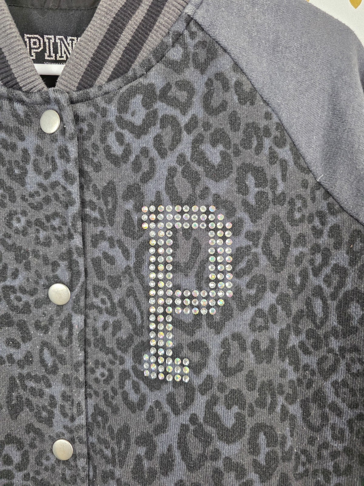 Victorias Secret Pink BLING CHEETAH LEOPARD Logo Varsity Bomber MEDIUM