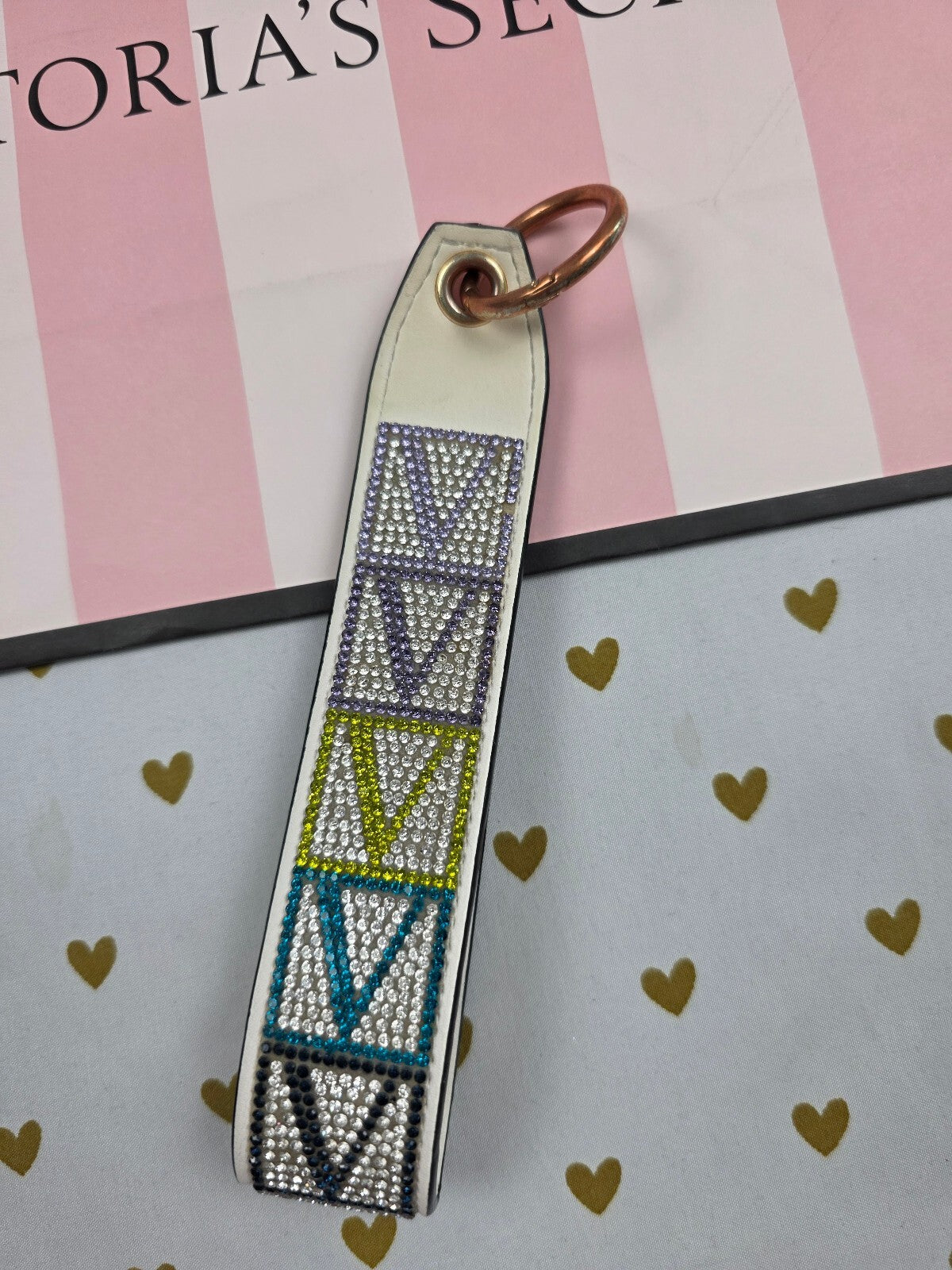 Victoria Secret BLING wristlet strap keychain Logo Studded Handle Rhinestone