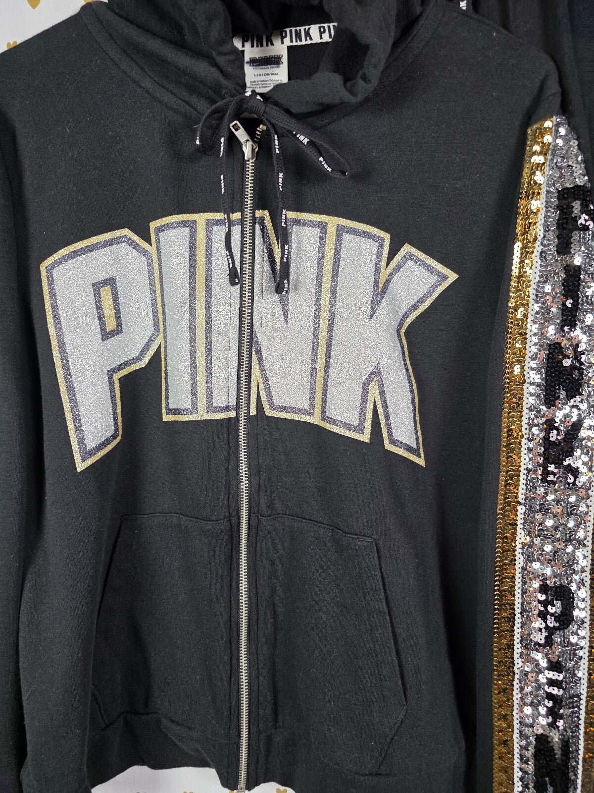 Victorias Secret Pink BLING Sequined Matching JACKET & Sweatpants SET LARGE 2pc