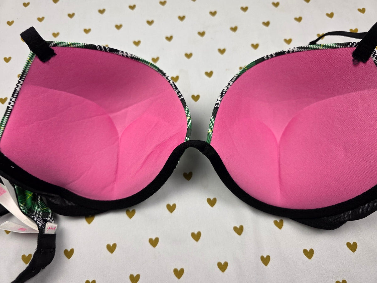 Victorias Secret Pink Plaid Green 34D SUPER PUSH UP Bra
