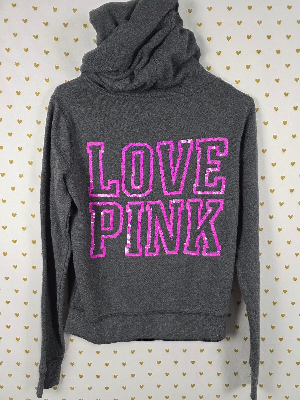 Victorias Secret Pink BLING PURPLE SEQUIN Full Zip Hoodie Jacket XS Grey