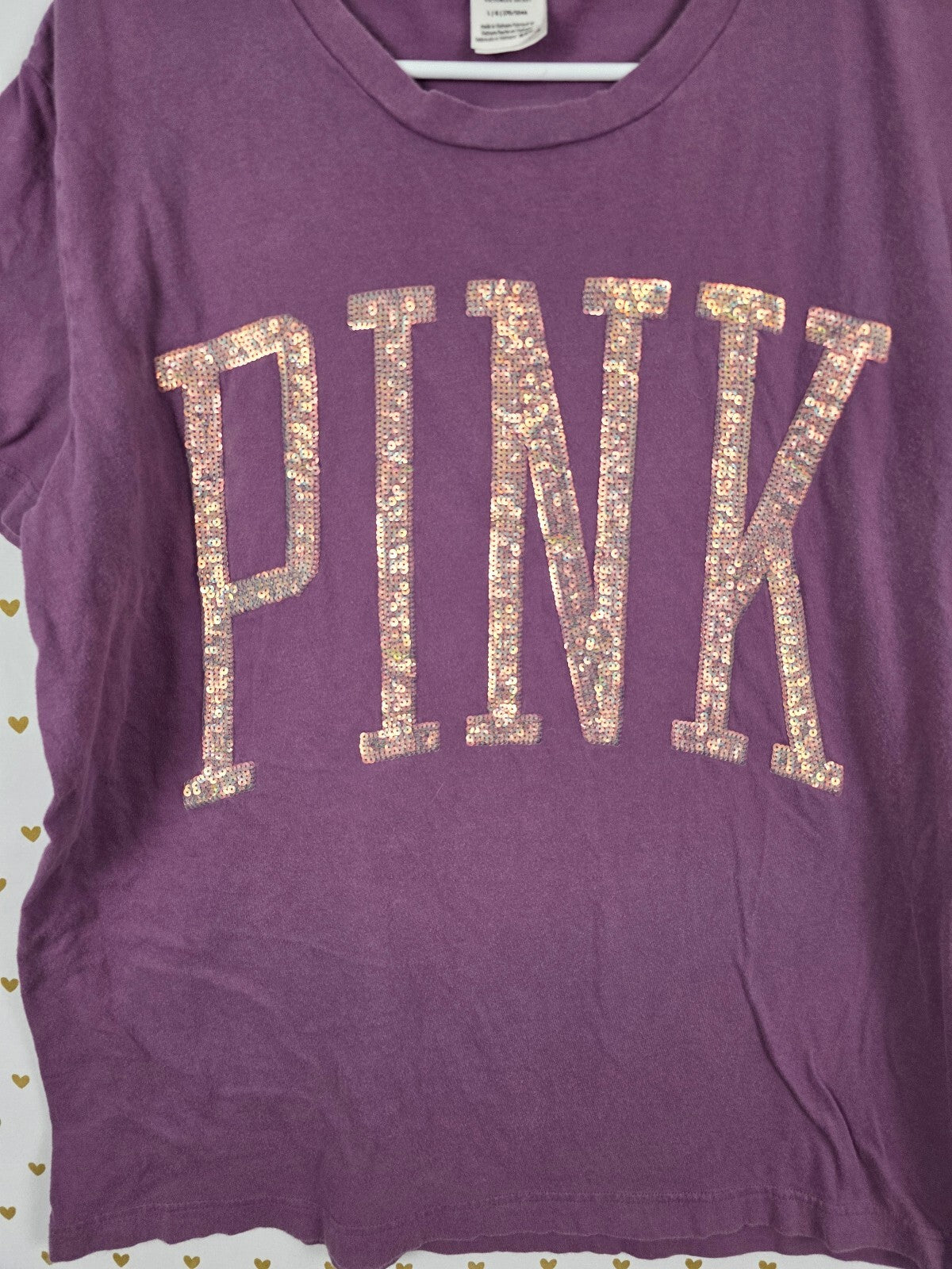 Victorias Secret PINK Matte Shine BLING Gold Sequined tee shirt Large
