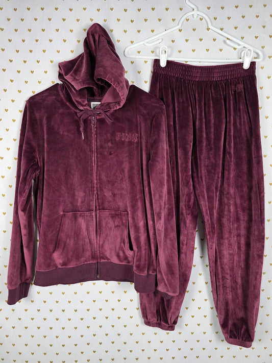 Victorias Secret Pink Velour Maroon Hoodie Jacket Sweats SET 2pc SMALL MED