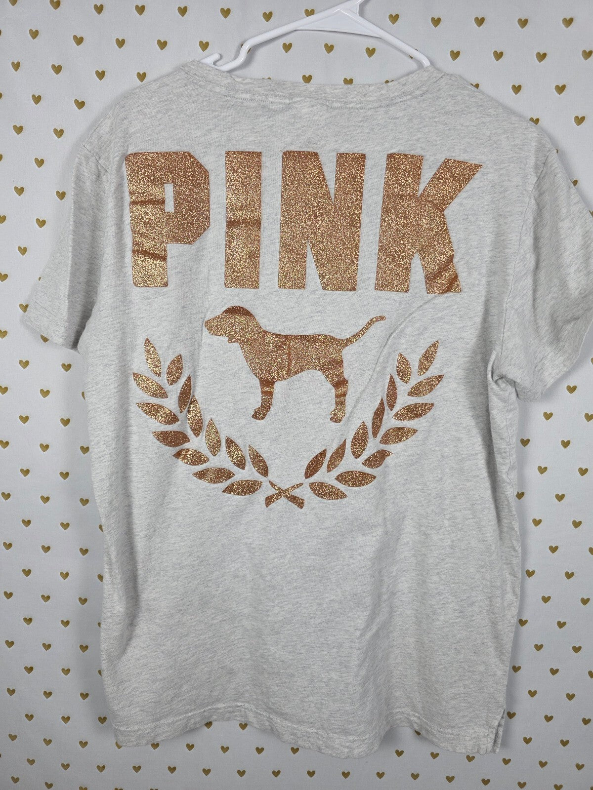Victorias Secret PINK GOLD BLING Glitter Tee shirt Pocket LARGE