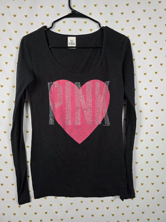 Victorias Secret PINK Vintage BLING heart Y2k Studded Long Sleeve Tee shirt Med