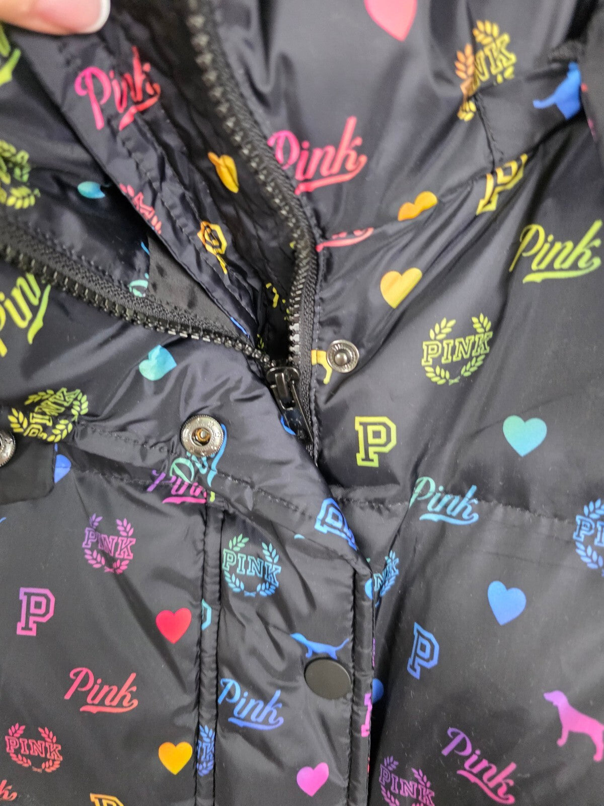 RARE Victoria’s Secret PINK Rainbow Logo Puffer Jacket Hooded Small Black