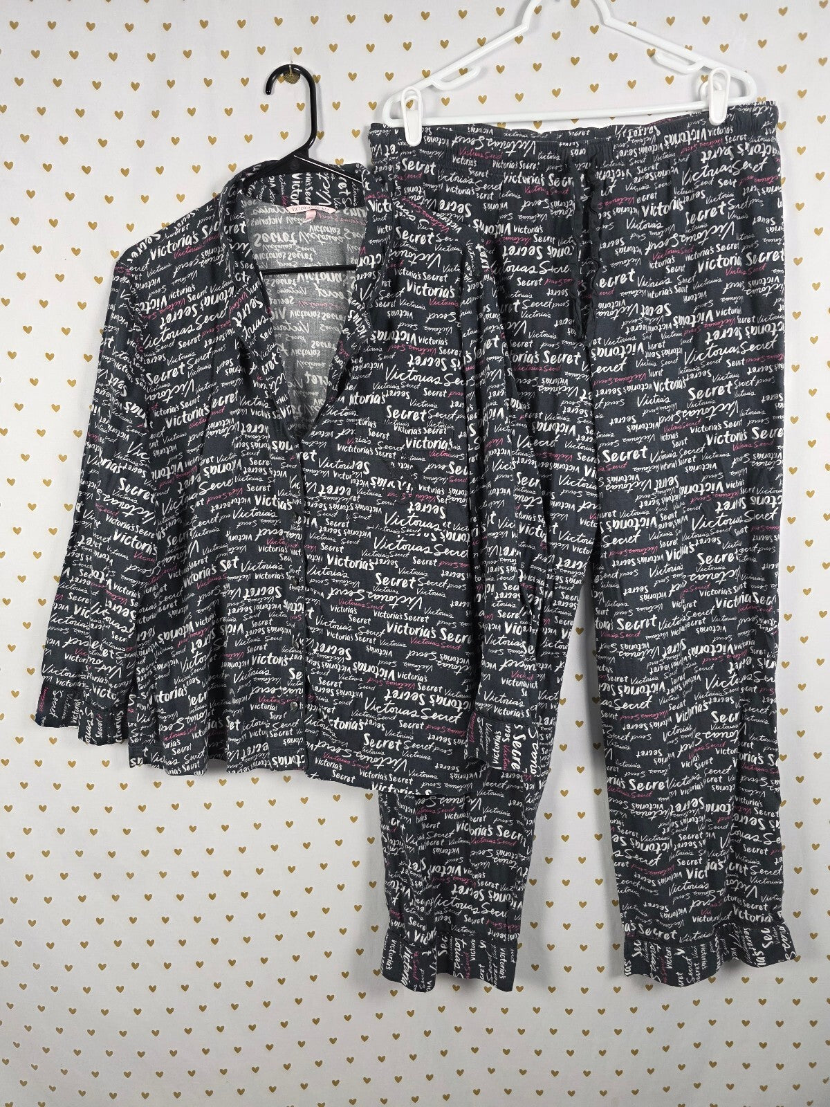 Victorias Secret Logo 2pc Sleep Set Pajamas Shirt Pants LARGE Comfy