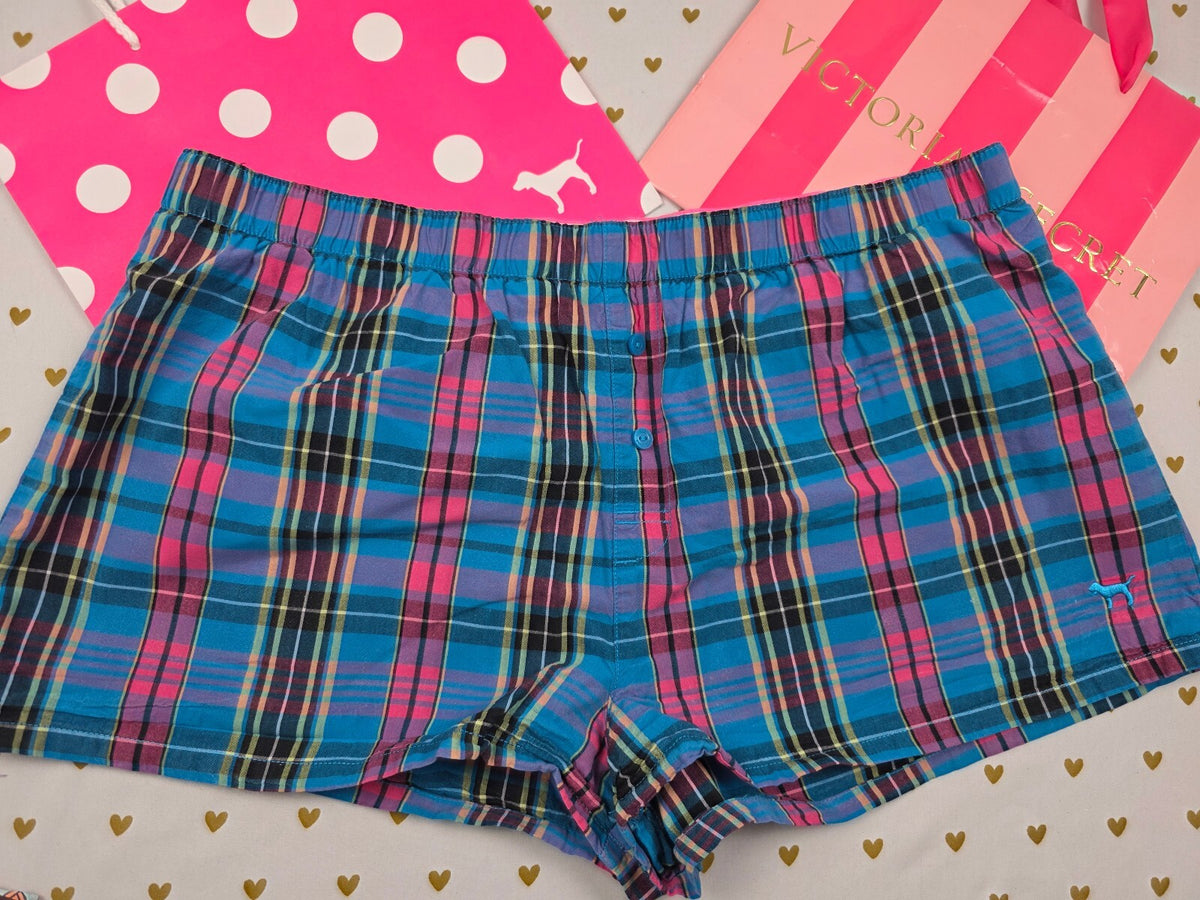Victorias Secret PINK Vintage Plaid Logo butt Sleep Shorts Boxers Pajama Bottoms