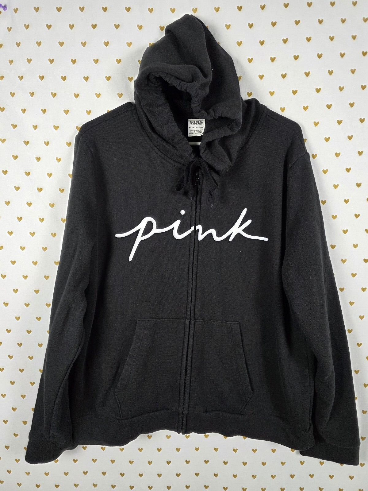 Victorias Secret Pink logo Full Zip Black Hoodie Jacket 2XL XXL
