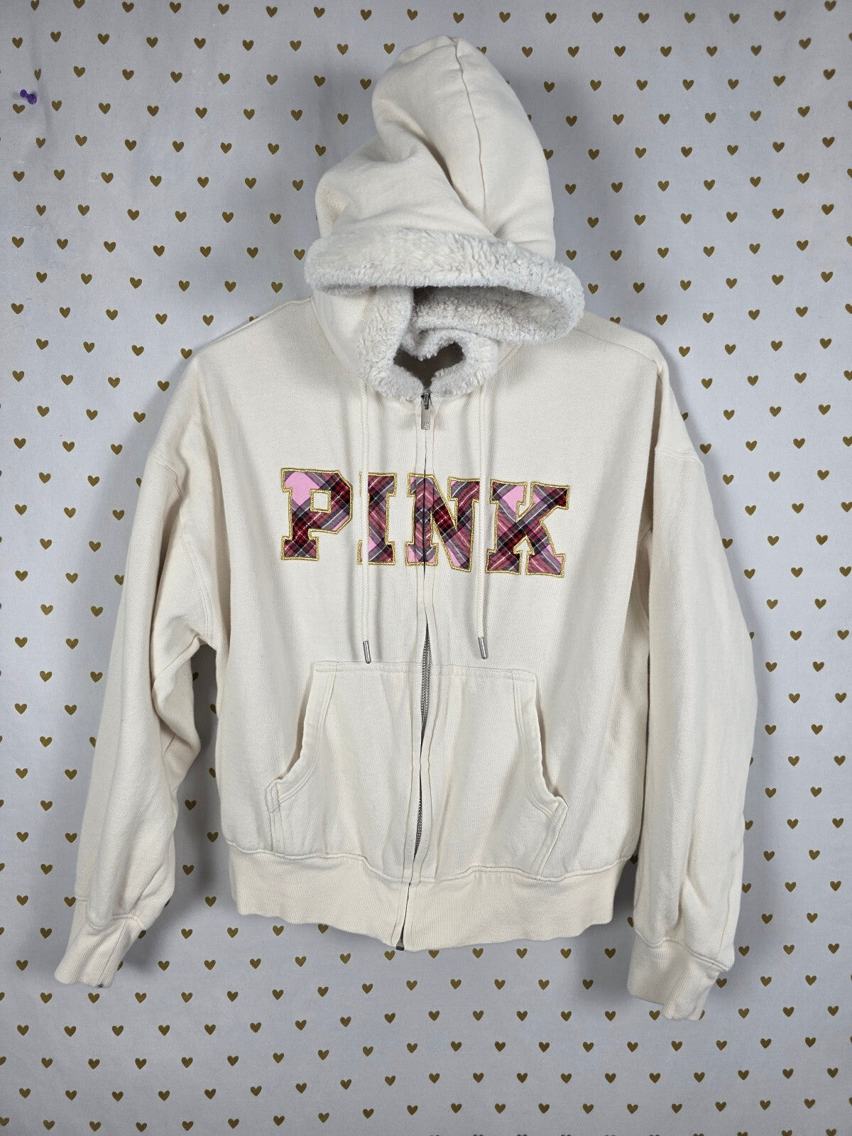 Victorias Secret Pink Fur Lined Hoodie Jacket Plaid Logo Full zip Sweater SMALL