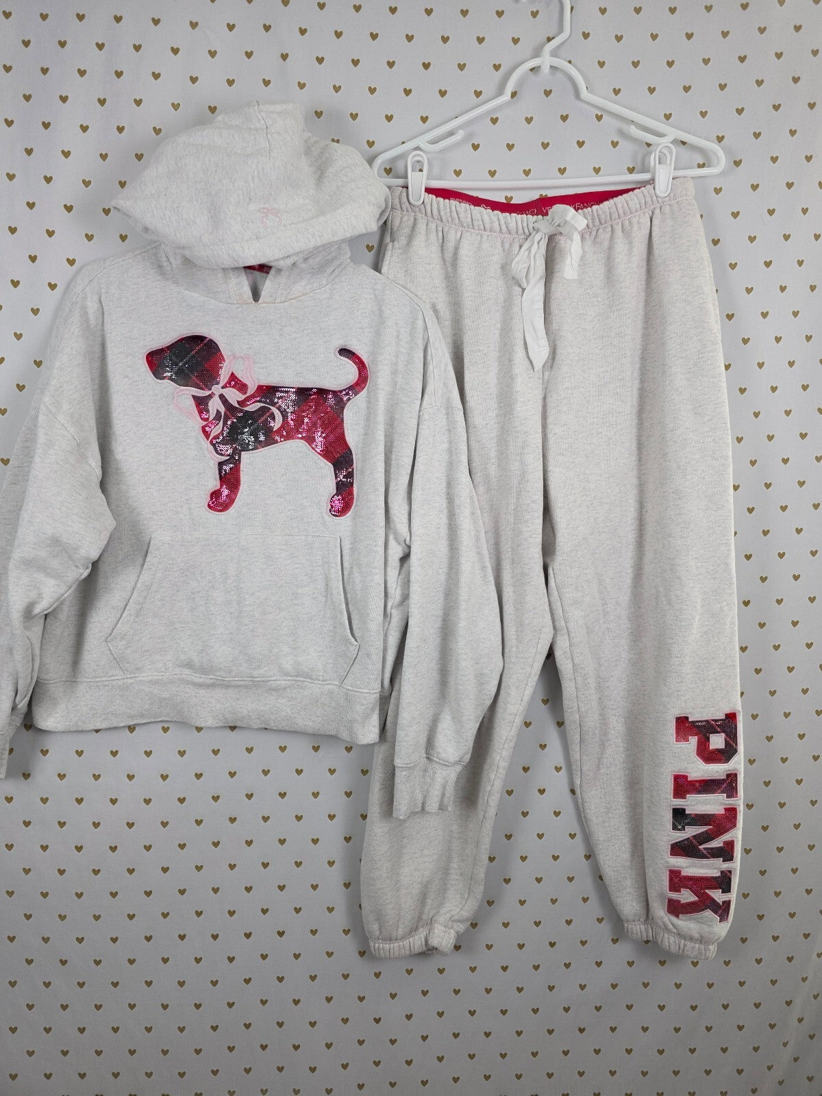 Victoria's Secret PINK x LoveShackFancy Dog Hoodie Jogger M Plaid BLING SET