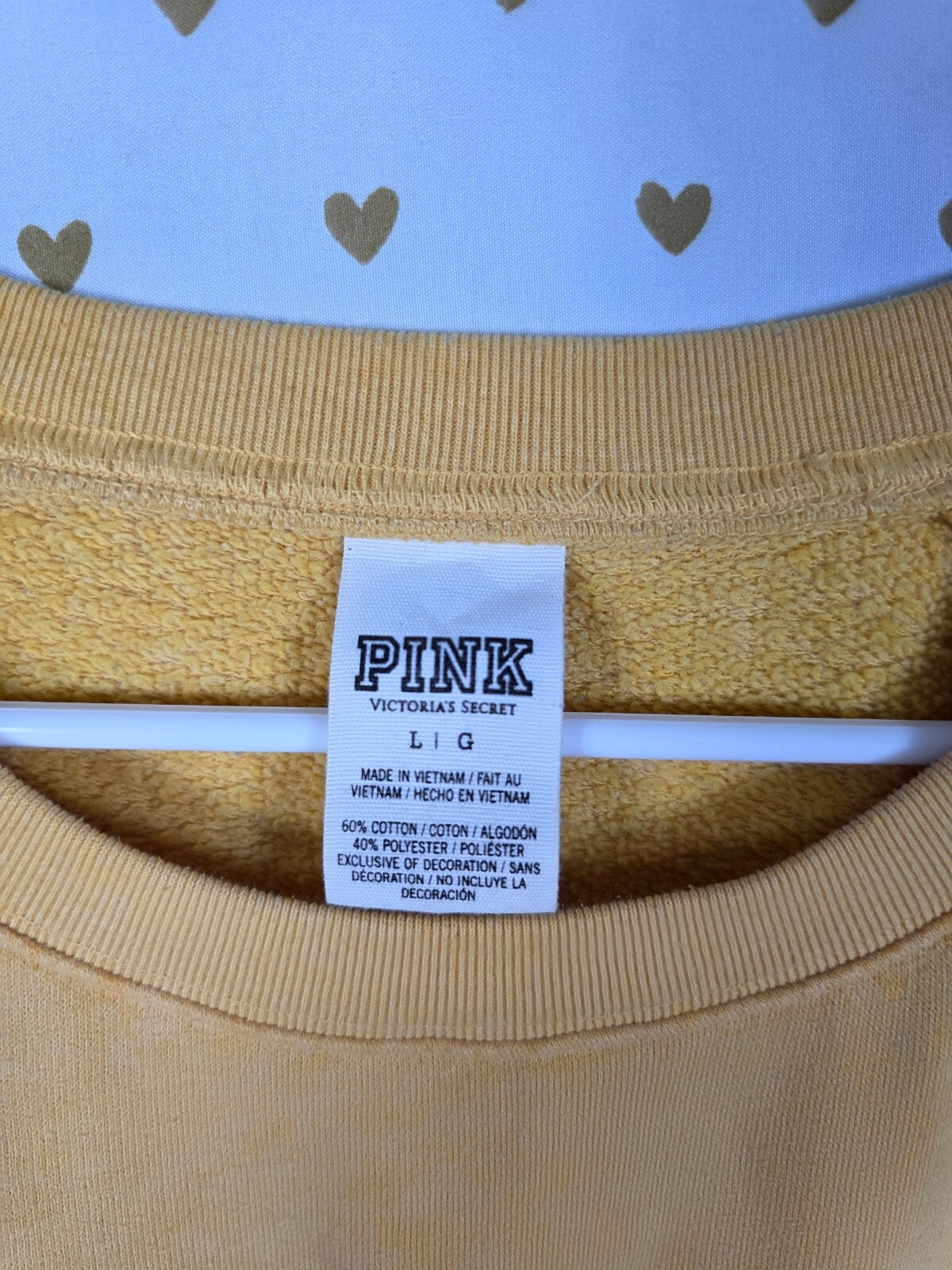 Victorias Secret Pink Embroidered raised Logo Crew Sweater Shirt Yellow LARGE