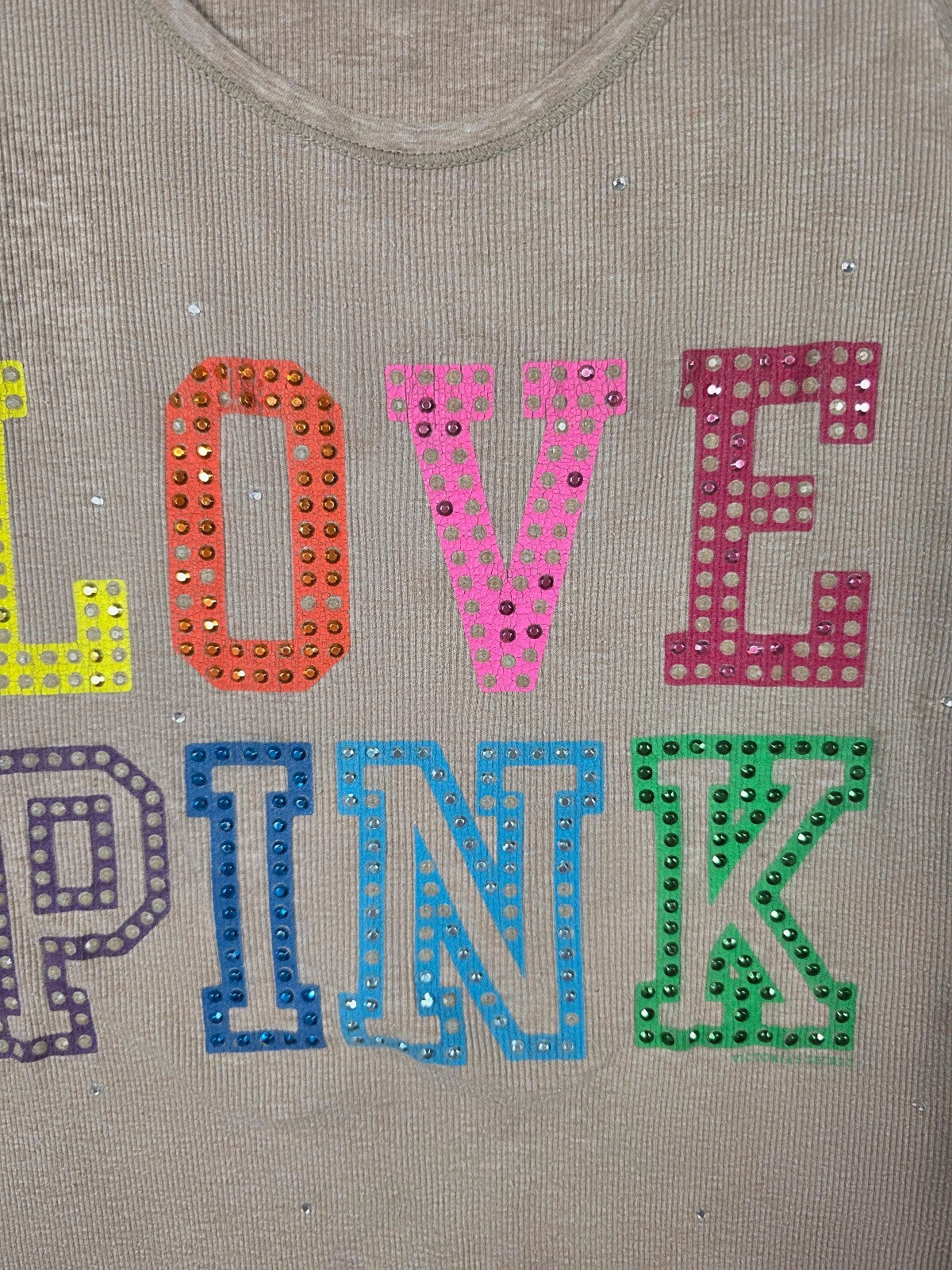 Victoria's Secret PINK Love Pink Rhinestone Ribbed Tank Top Y2K Bling Large